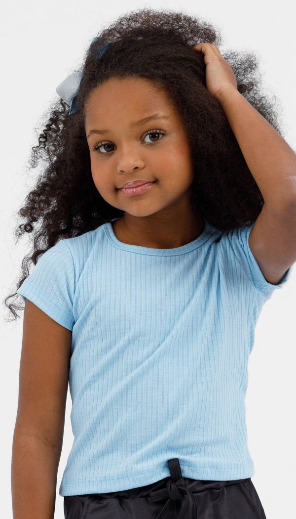 Blusa Básica Canelada Manga Curta Infantil Feminina Azul Claro