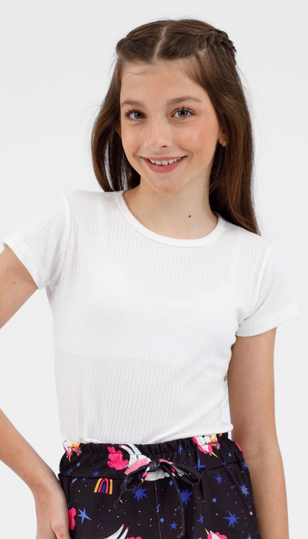 Blusa Básica Canelada Manga Curta Infantil Feminina Off White