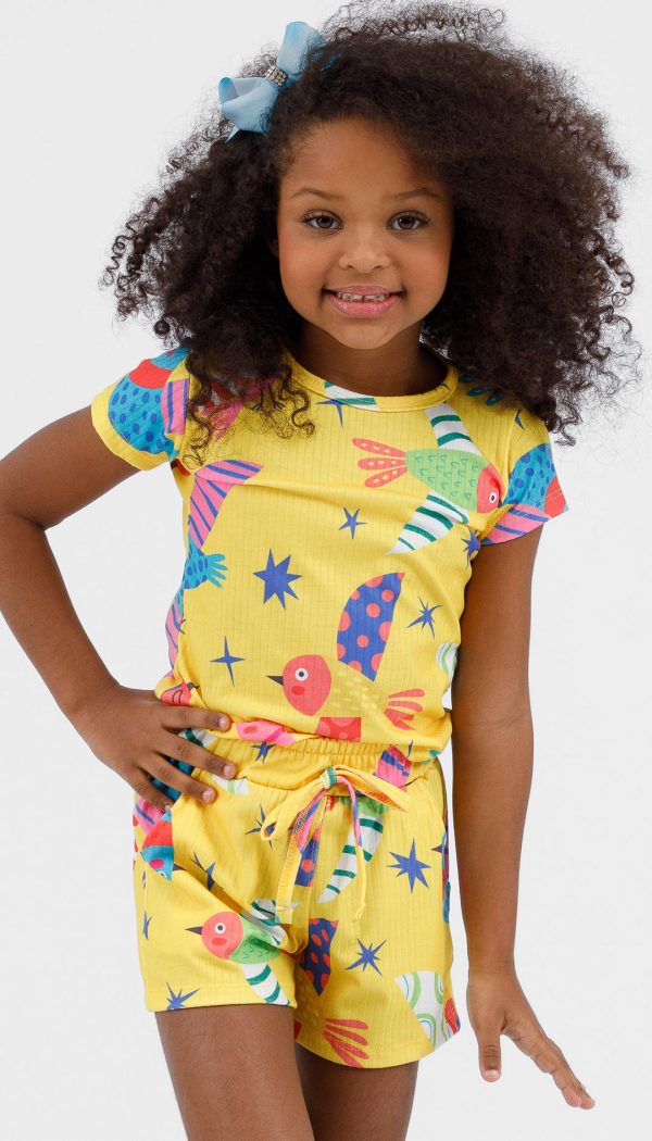 Conjunto Canelado De Blusa e Shorts Estampado Infantil Feminino De Passarinhos