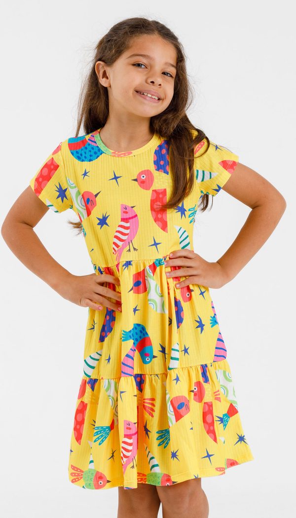 Vestido Canelado de Babado Infantil Feminino Com Estampa De Passarinhos Amarelo