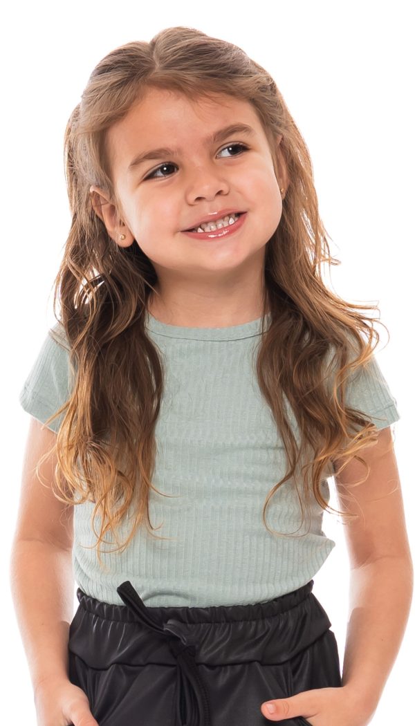Blusa Básica Canelada Manga Curta Infantil Feminina Verde Claro