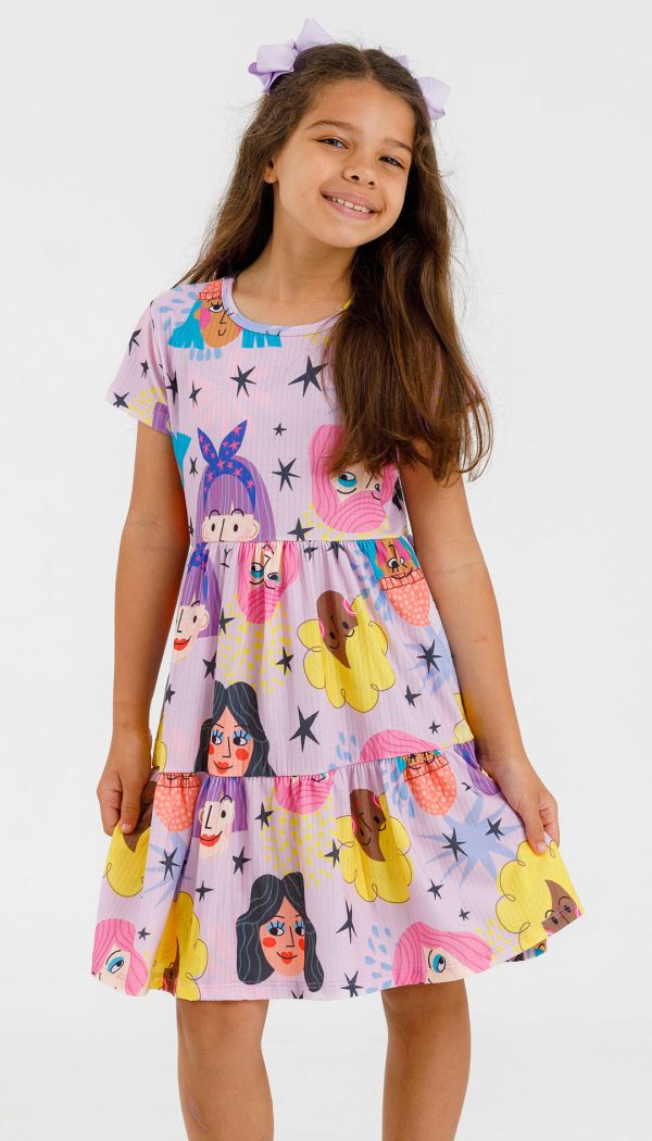 Vestido Canelado de Babado Infantil Feminino Com Estampa De Bonecas