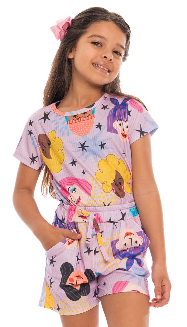Conjunto Canelado De Blusa e Shorts Infantil Feminino Estampado De Bonecas