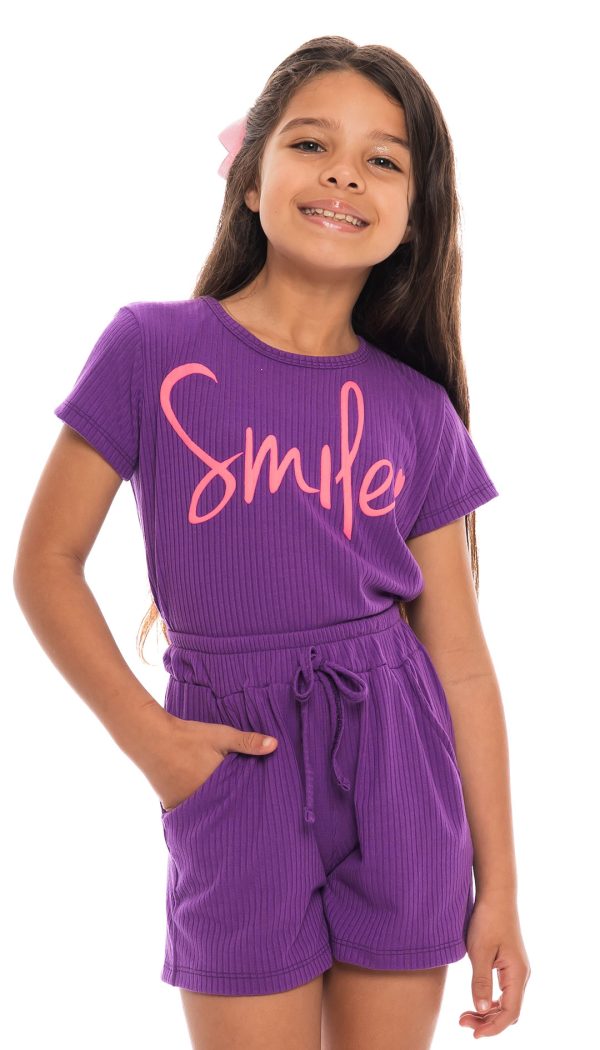 Conjunto Canelado De Blusa E Shorts Infantil Feminino Estampa Smile Roxo