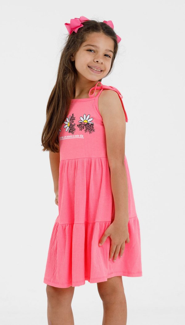 Vestido Canelado Infantil Feminino De Babado Com Alcinha De Amarração Estampa Margarida Rosa Neon