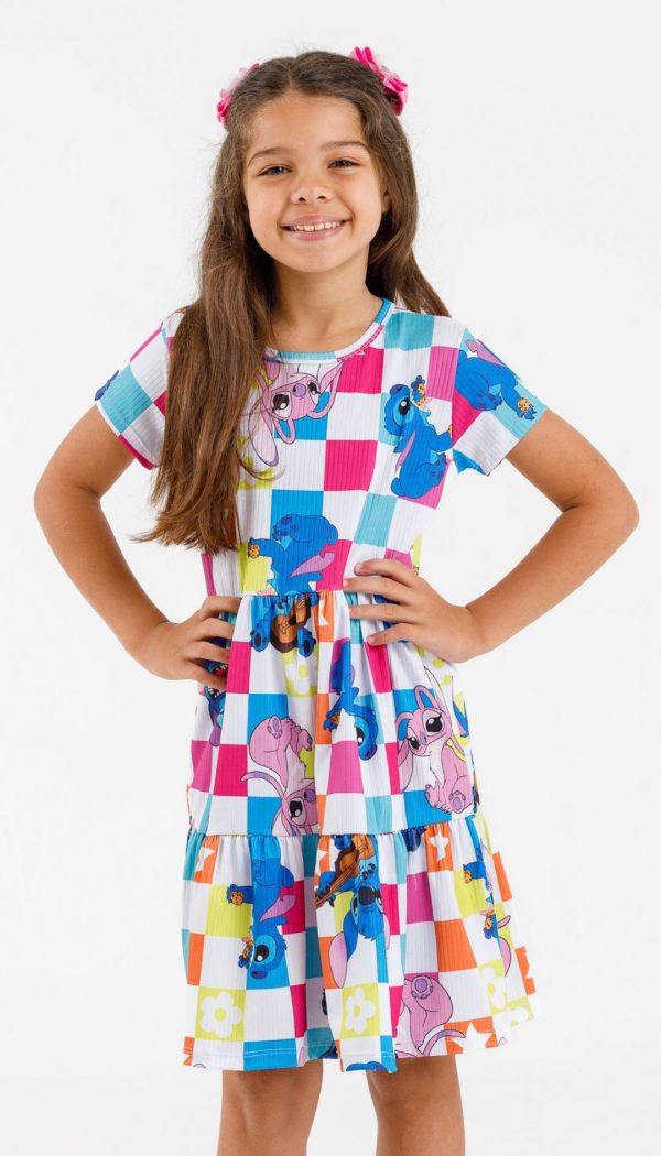 Vestido Canelado de Babado Infantil Feminino Com Estampa Do Stitch Colorido