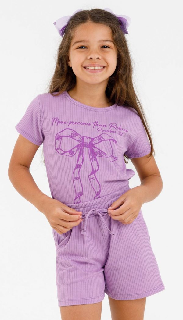 Conjunto Canelado De Blusa E Shorts Infantil Feminino Estampa De Laço Lilás