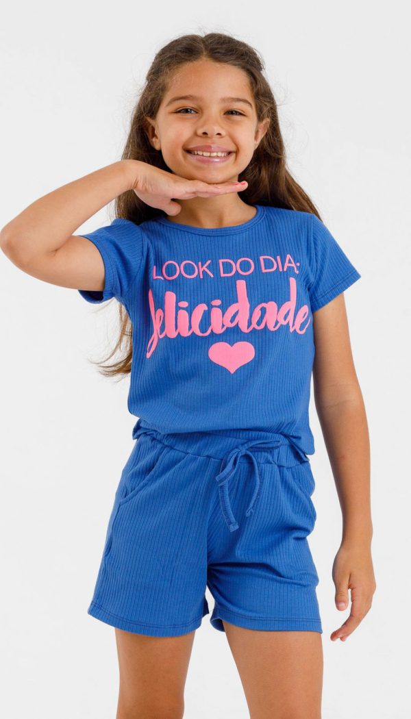 Conjunto Canelado De Blusa E Shorts Infantil Feminino Estampa Look Do Dia Azul Royal