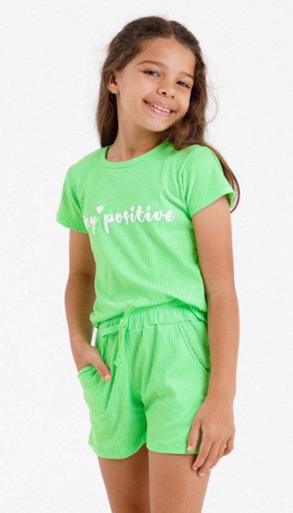 Conjunto Canelado De Blusa E Shorts Infantil Feminino Estampa Stay Positive Verde Neon