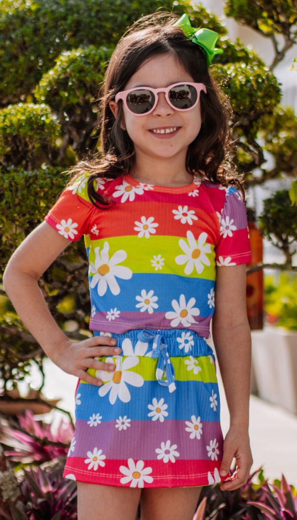 Conjunto Canelado Cropped E Shorts Saia Infantil Feminino Estampa Margarida Colorido