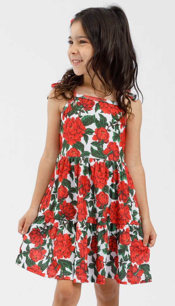 Vestido Canelado Infantil Feminino De Babado Com Alcinha De Amarração Estampado Flores De Natal