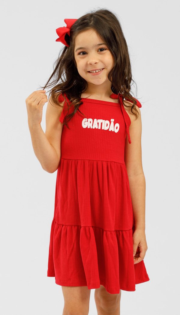 Vestido Canelado Infantil Feminino De Babado Com Alcinha De Amarração Estampa Gratidão Vermelho