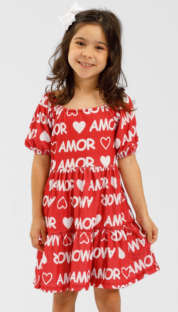 Vestido Canelado Infantil Feminino Com Babado E manga Princesa Estampado Amor Vermelho