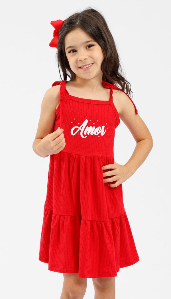 Vestido Canelado Infantil Feminino De Babado Com Alcinha De Amarração Estampa Amor Vermelho