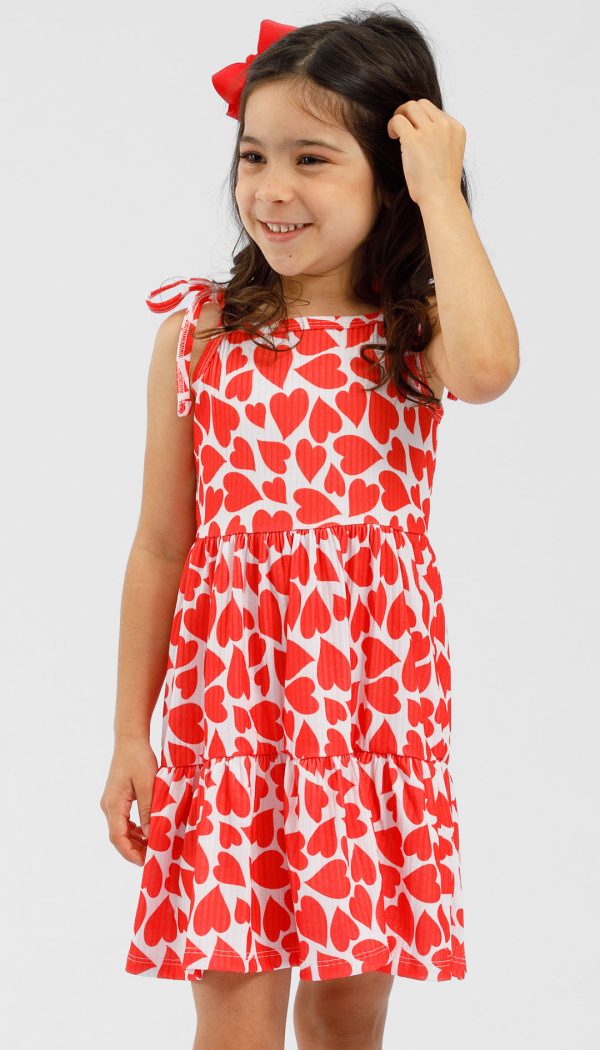 Vestido Canelado Infantil Feminino De Babado Com Alcinha De Amarração Estampado De Coração Vermelho