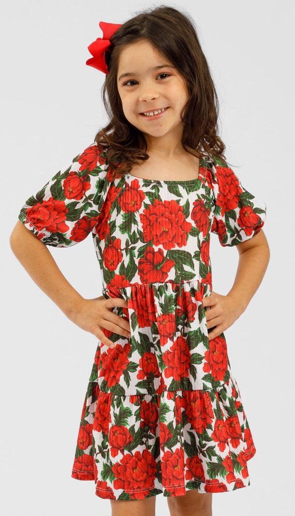 Vestido Canelado Infantil Feminino Com Babado E manga Princesa Estampado Flores De Natal
