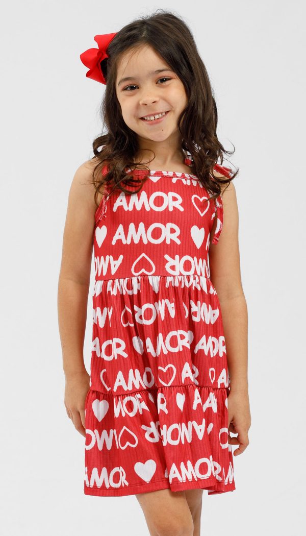 Vestido Canelado Infantil Feminino De Babado Com Alcinha De Amarração Estampado Amor Vermelho