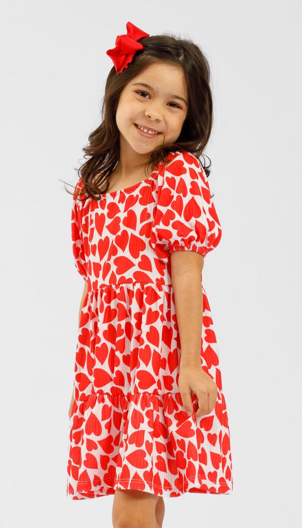 Vestido Canelado Infantil Feminino Com Babado E manga Princesa Estampado Coração Vermelho