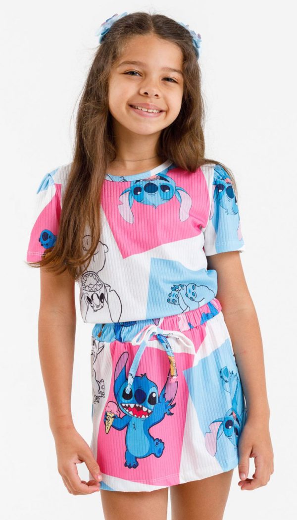 Conjunto Canelado Cropped E Shorts Saia Infantil Feminino Estampa Stitch