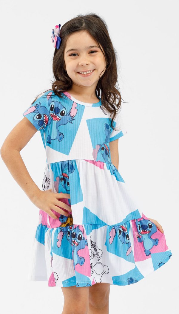 Vestido Canelado de Babado Infantil Feminino Com Estampa Do Stitch