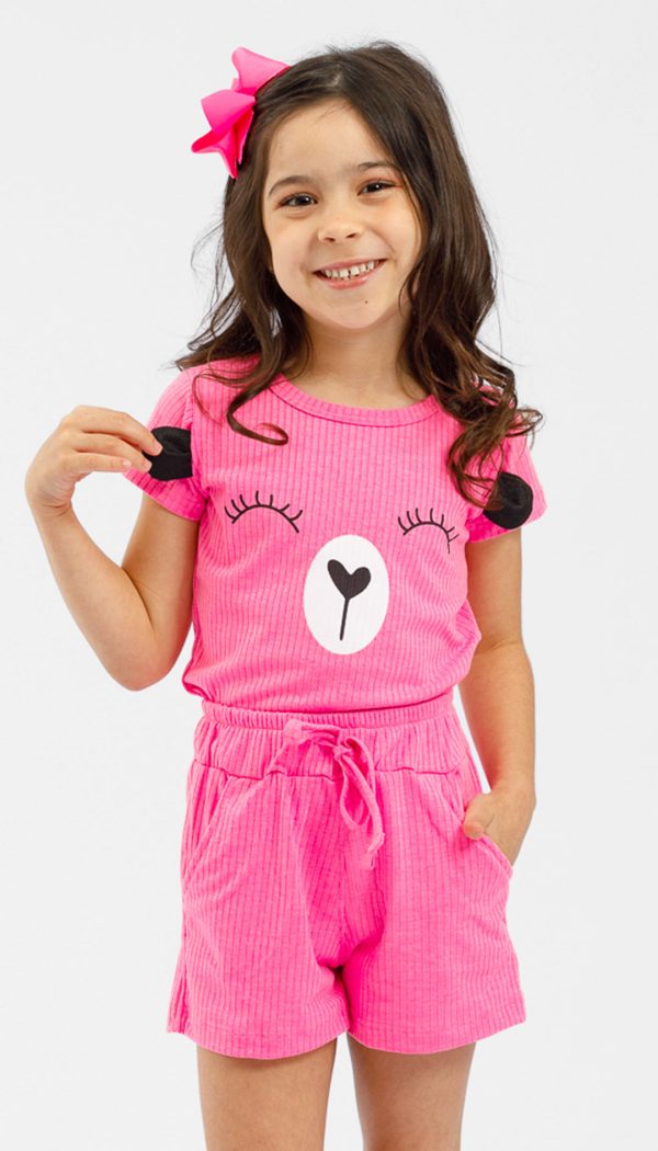 Conjunto Canelado Infantil Feminino Blusa Ursinho Com Shorts Rosa Neon