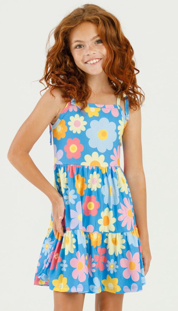 Vestido Canelado Infantil Feminino De Babado Com Alcinha De Amarração Estampado De Flores Azul Claro
