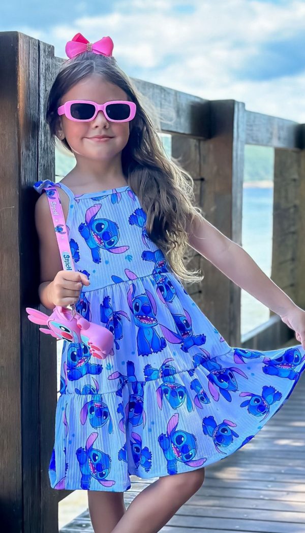 Vestido Canelado Infantil Feminino De Babado Com Alcinha De Amarração Estampado De Stitch Azul