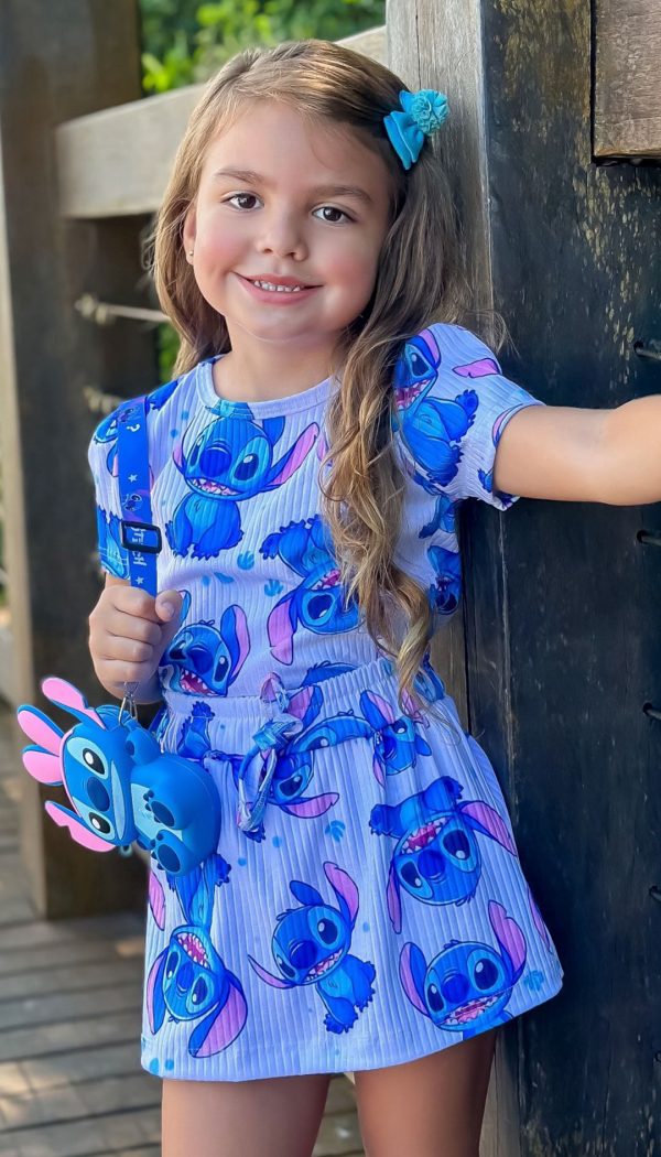 Conjunto Canelado Cropped E Shorts Saia Infantil Feminino Estampado Do Stitch Azul