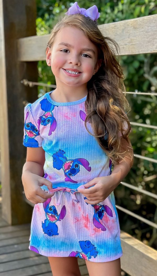 Conjunto Canelado Cropped E Shorts Saia Infantil Feminino Estampado Do Stitch Tie Dye