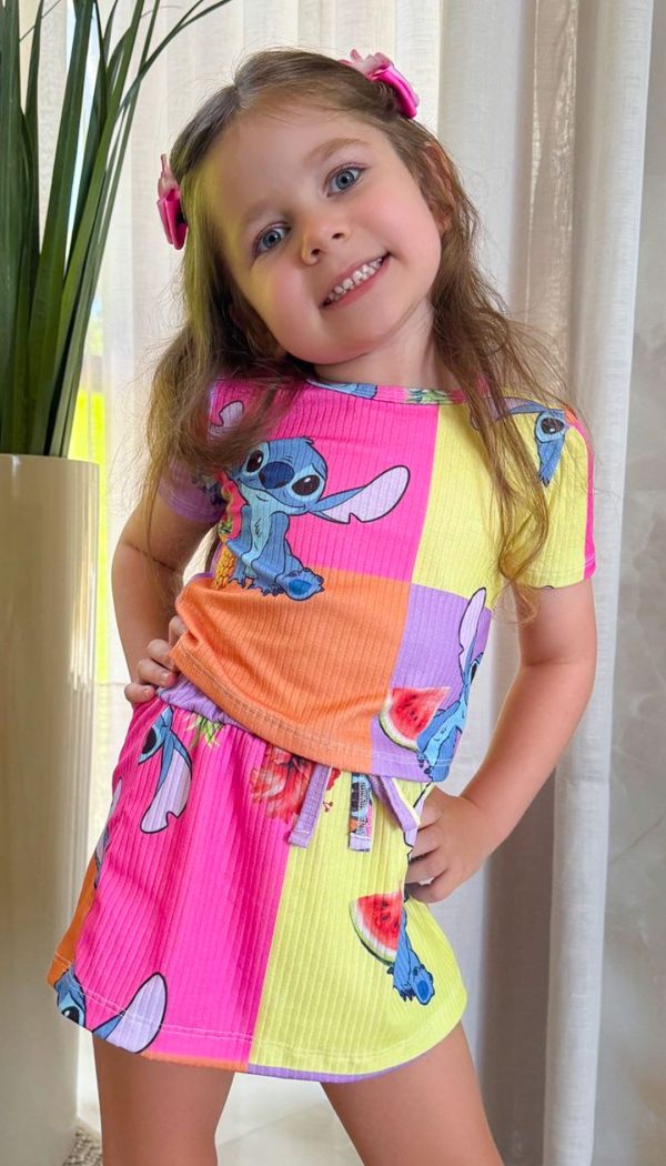 Conjunto Canelado Cropped E Shorts Saia Infantil Feminino Estampado Stitch Tropical