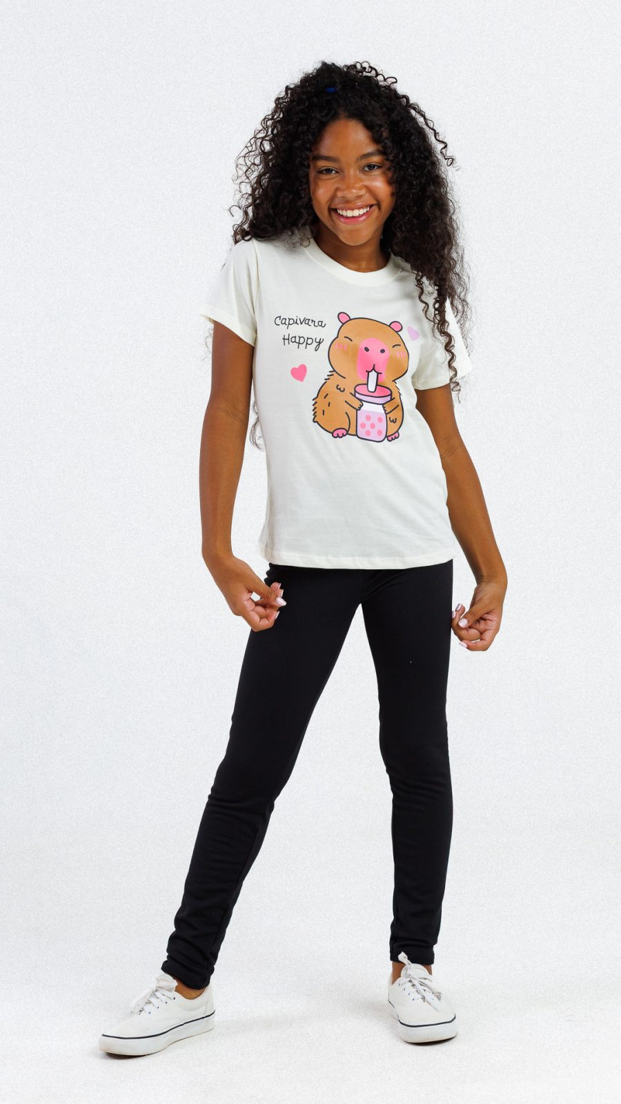 Camiseta Infantil Feminina Estampa Da Capivara Off White - Image 3