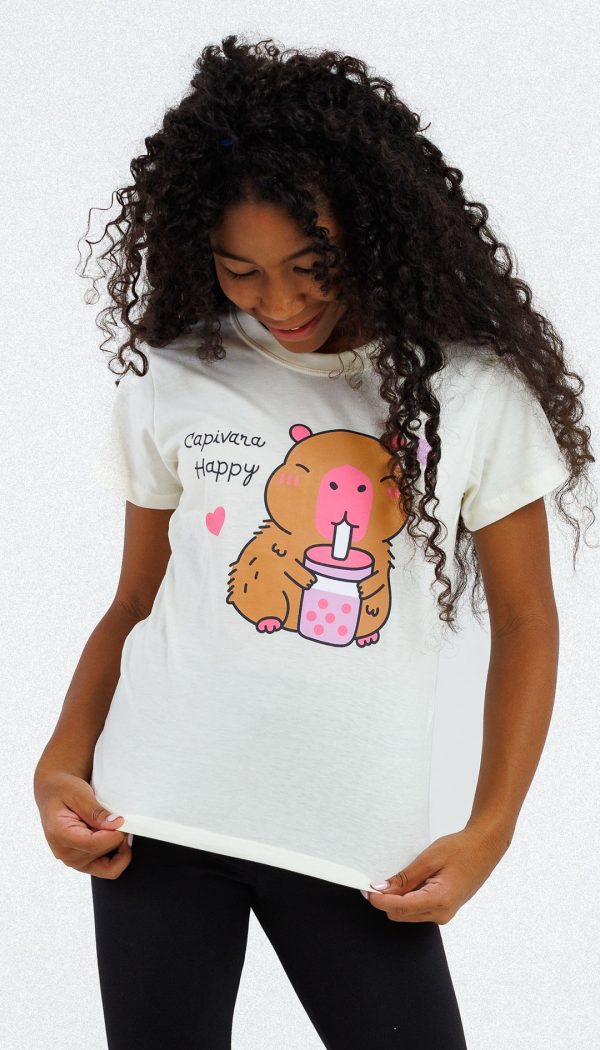 Camiseta Infantil Feminina Estampa Da Capivara Off White