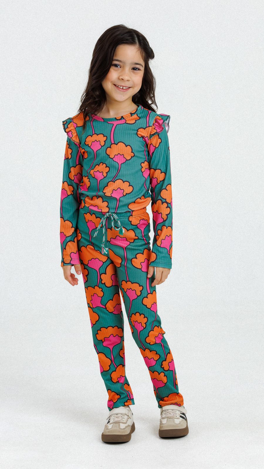 Conjunto Infantil Feminino Canelado De Blusa E Calça Estampado Floral Verde - Image 3