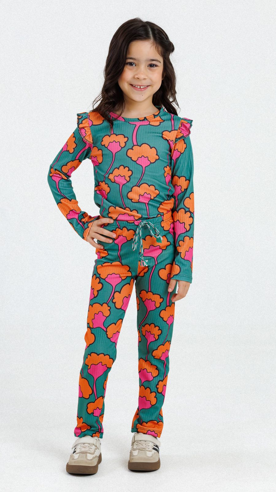 Conjunto Infantil Feminino Canelado De Blusa E Calça Estampado Floral Verde
