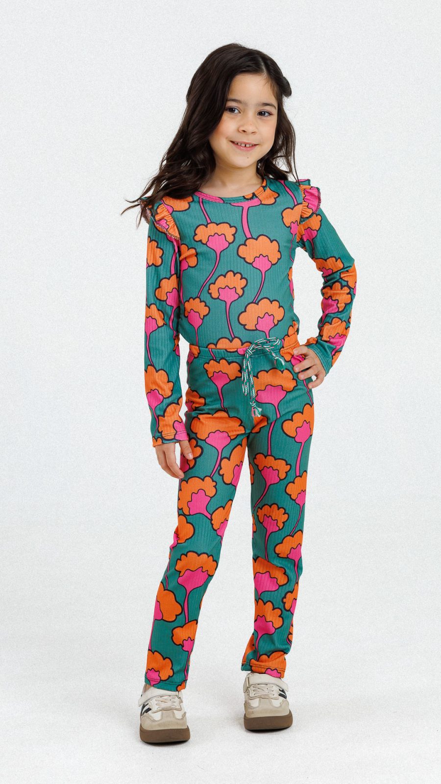 Conjunto Infantil Feminino Canelado De Blusa E Calça Estampado Floral Verde - Image 4