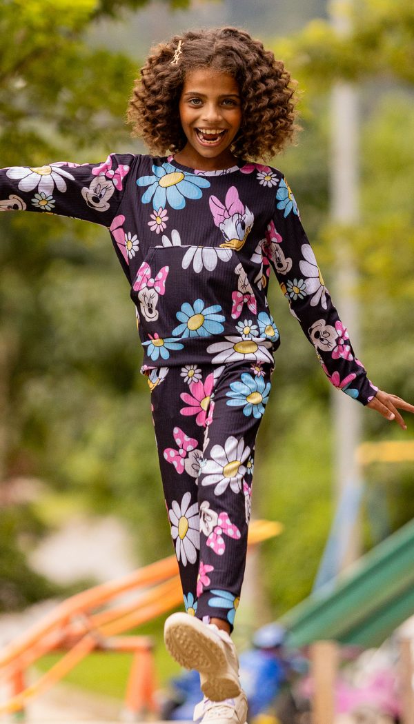 Conjunto Canelado Infantil De Blusa Com Bolso e Calça Feminino Estampado Margarida Preto