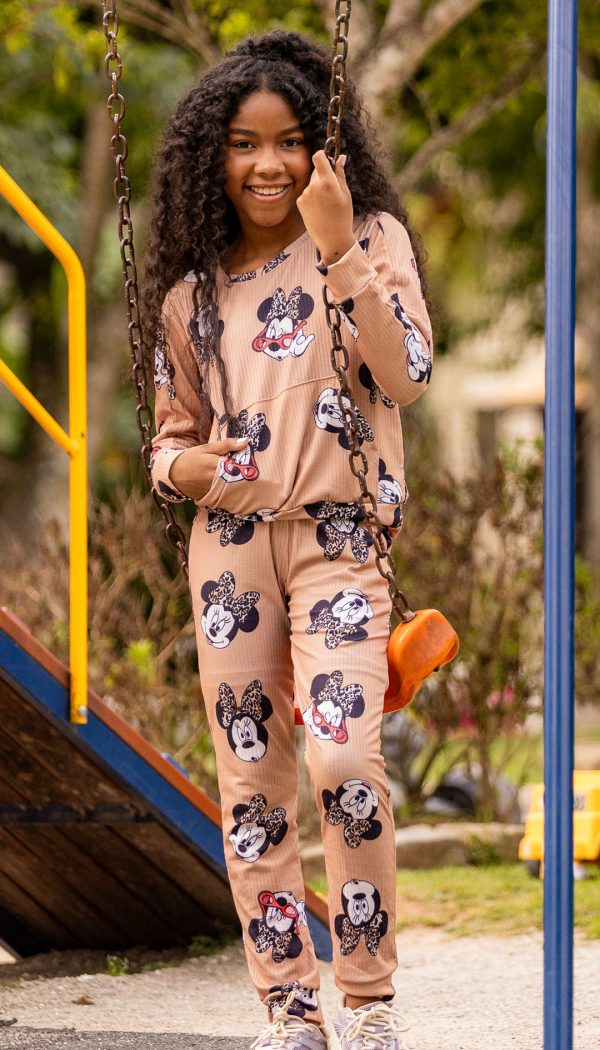 Conjunto Canelado Infantil De Blusa Com Bolso E Calça Feminino Estampado Minnie Caramelo