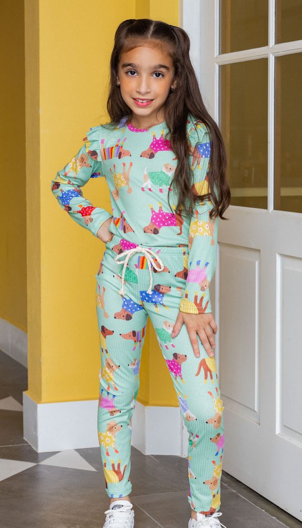 Conjunto Infantil Feminino Canelado De Blusa E Calça Estampado Cachorrinhos