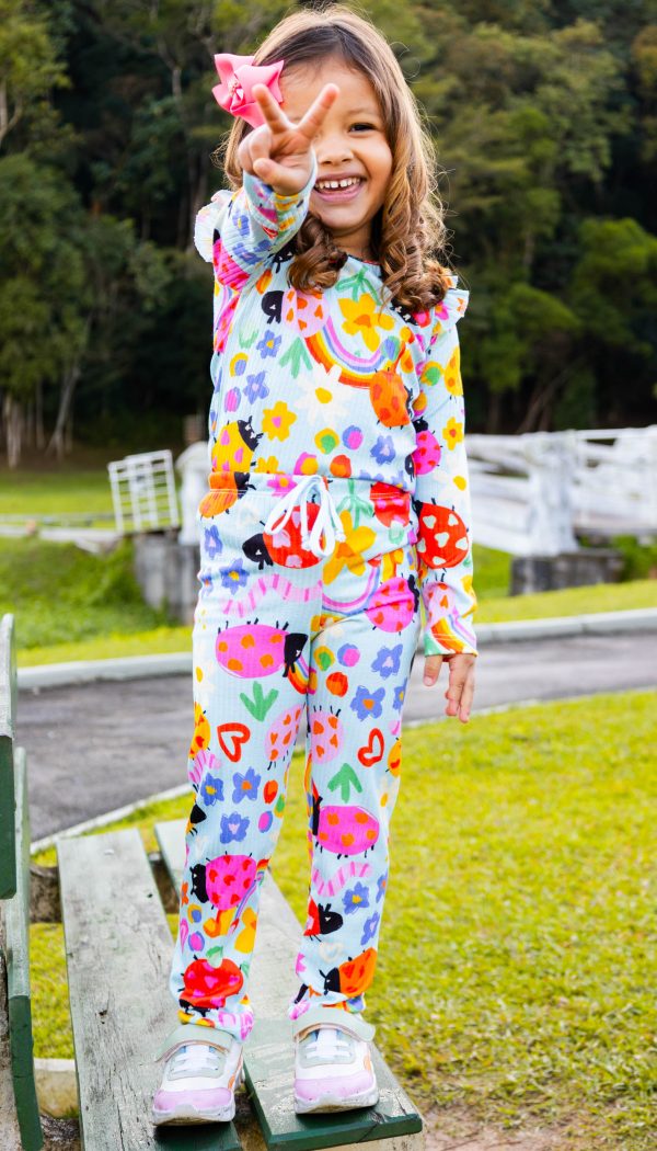 Conjunto Infantil Feminino Canelado De Blusa E Calça Estampado Joaninhas Coloridas
