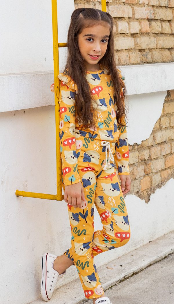Conjunto Infantil Feminino Canelado De Blusa E Calça Estampado Gatinhos