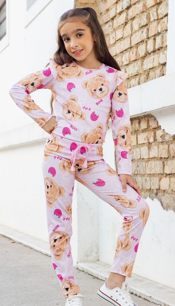 Conjunto Infantil Feminino Canelado De Blusa E Calça Estampado Ursinho Rosa