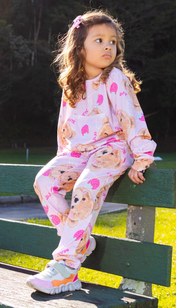 Conjunto Canelado Infantil Feminino De Blusa Com Bolso e Calça Estampado De Ursinhos Rosa