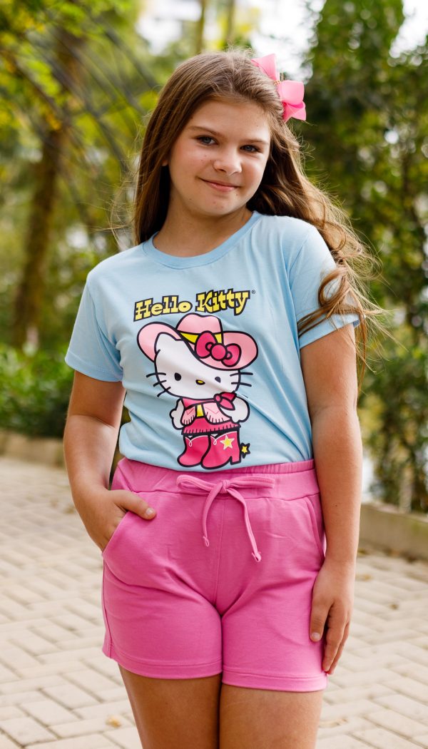 Camiseta Infantil Feminina Estampa da Hello Kitty Boiadeira Azul Claro