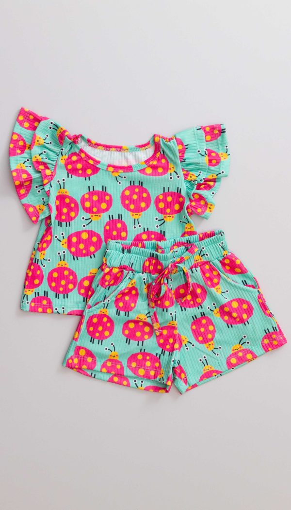 Conjunto Canelado Infantil De Blusa Com Manga Babado E Shorts Feminino Estampa De Joaninhas