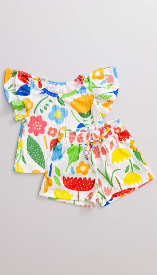 Conjunto Canelado Infantil De Blusa Com Manga Babado E Shorts Feminino Estampa De Flores Tropical