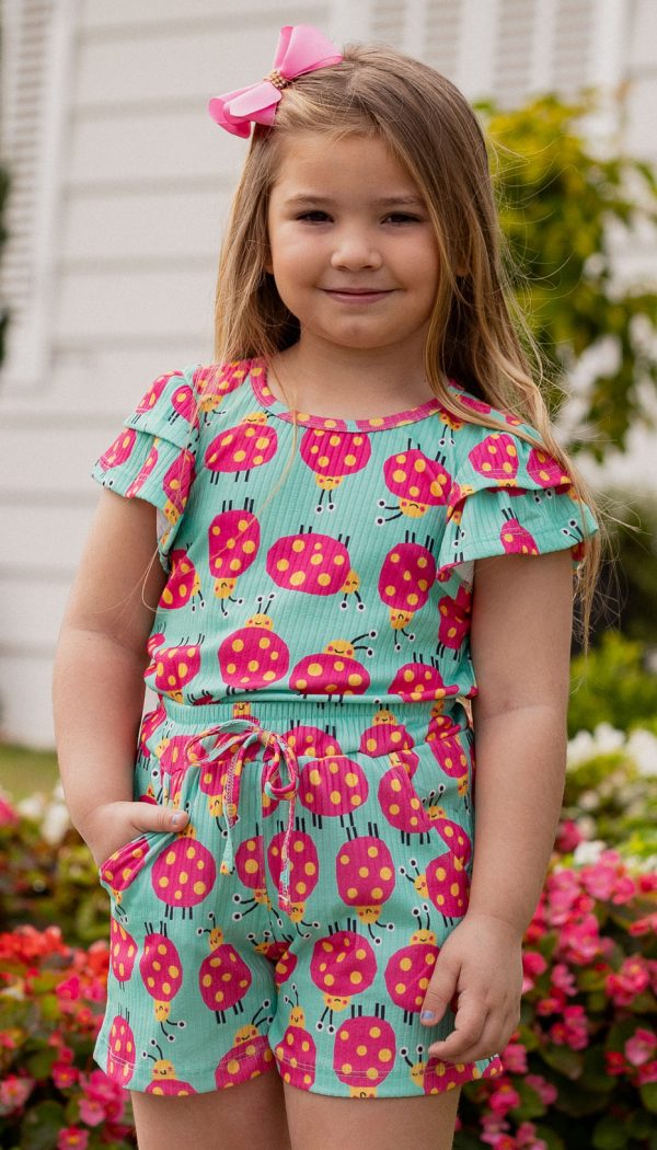 Conjunto Canelado Infantil De Blusa Com Manga Babado E Shorts Feminino Estampa De Joaninhas