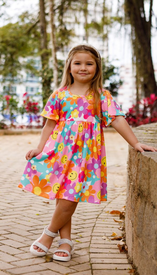 Vestido Canelado Infantil Feminino Com Manga De Babado Estampa De Flores Alegre