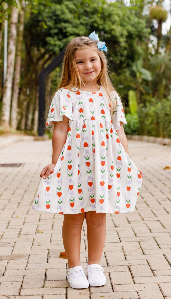 Vestido Canelado Infantil Feminino Com Manga De Babado Estampa Coração Florido