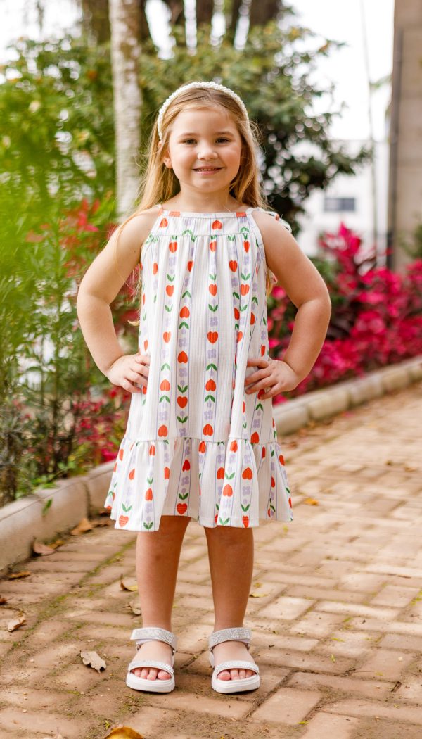 Vestido Canelado Infantil Feminino Com Alçinha De Amarração E Babado Na Barra Estampa Coração Florido