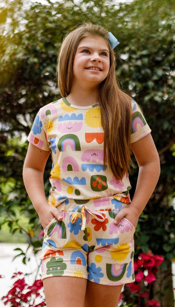 Conjunto Canelado De Blusa e Shorts Infantil Feminino Estampa Do Arco íris De Verão